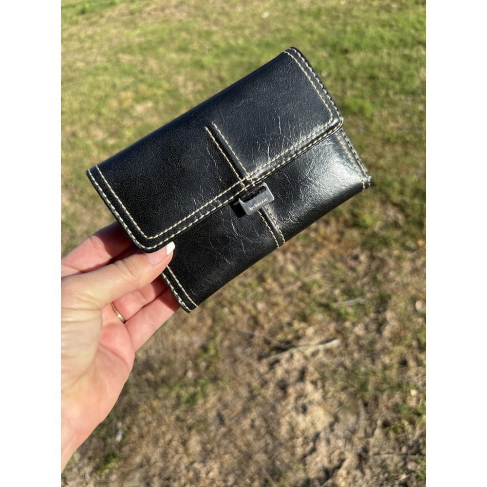 Vintage Liz Claiborne Black Faux Leather Tri-Fold Wallet Credit Cards Coins GUC